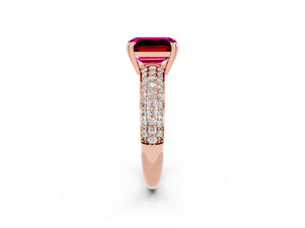 Rose gold Emerald Cut Garnet Solitaire Ring with Multi-Row Round Pavé Band and Prong Setting