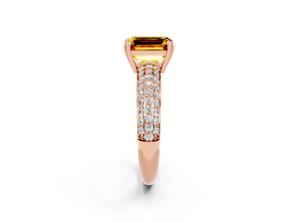 Rose gold Emerald Cut Citrine Solitaire Ring with Multi-Row Round Pavé Band and Prong Setting