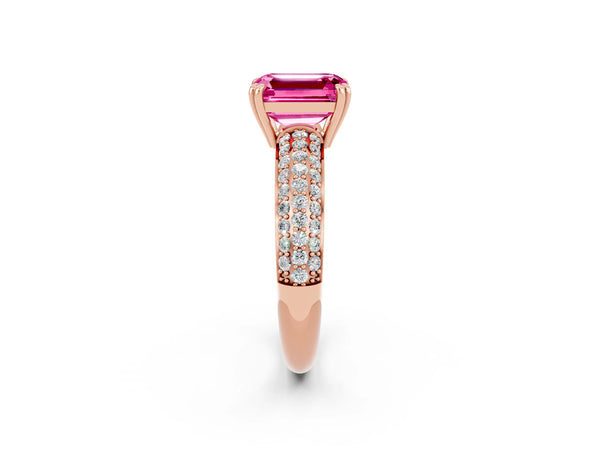 Rose gold Emerald Cut Pink Sapphire Solitaire Ring with Multi-Row Round Pavé Band and Prong Setting