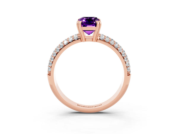 Rose gold Emerald Cut Amethyst Solitaire Ring with Multi-Row Round Pavé Band and Prong Setting