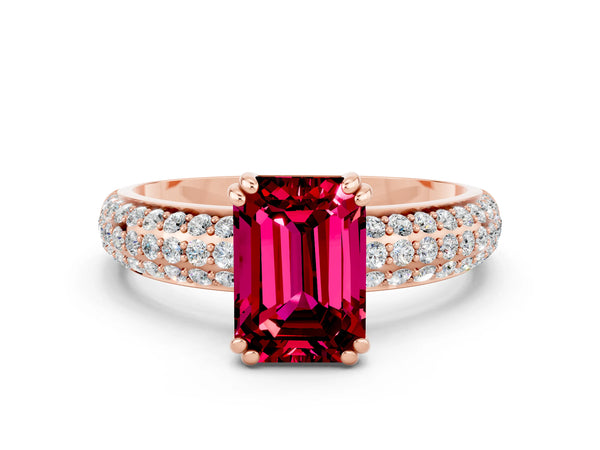 Rose gold Emerald Cut Garnet Solitaire Ring with Multi-Row Round Pavé Band and Prong Setting