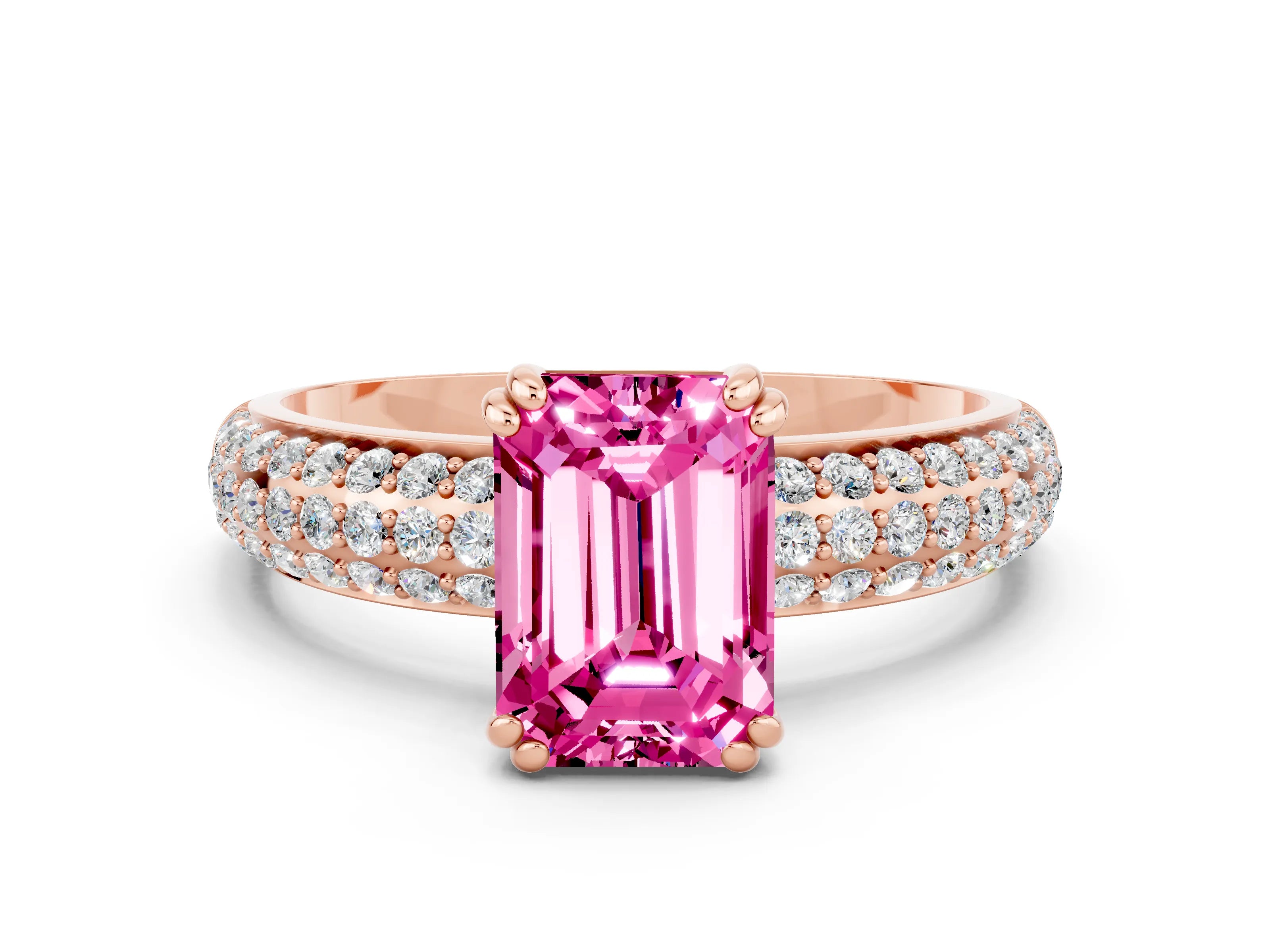 Rose gold Emerald Cut Cut Pave Diamond Engagement Ring with Channel Set Band and Four-Prong Setting