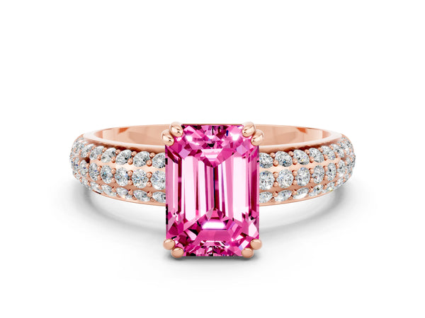 Rose gold Emerald Cut Pink Sapphire Solitaire Ring with Multi-Row Round Pavé Band and Prong Setting