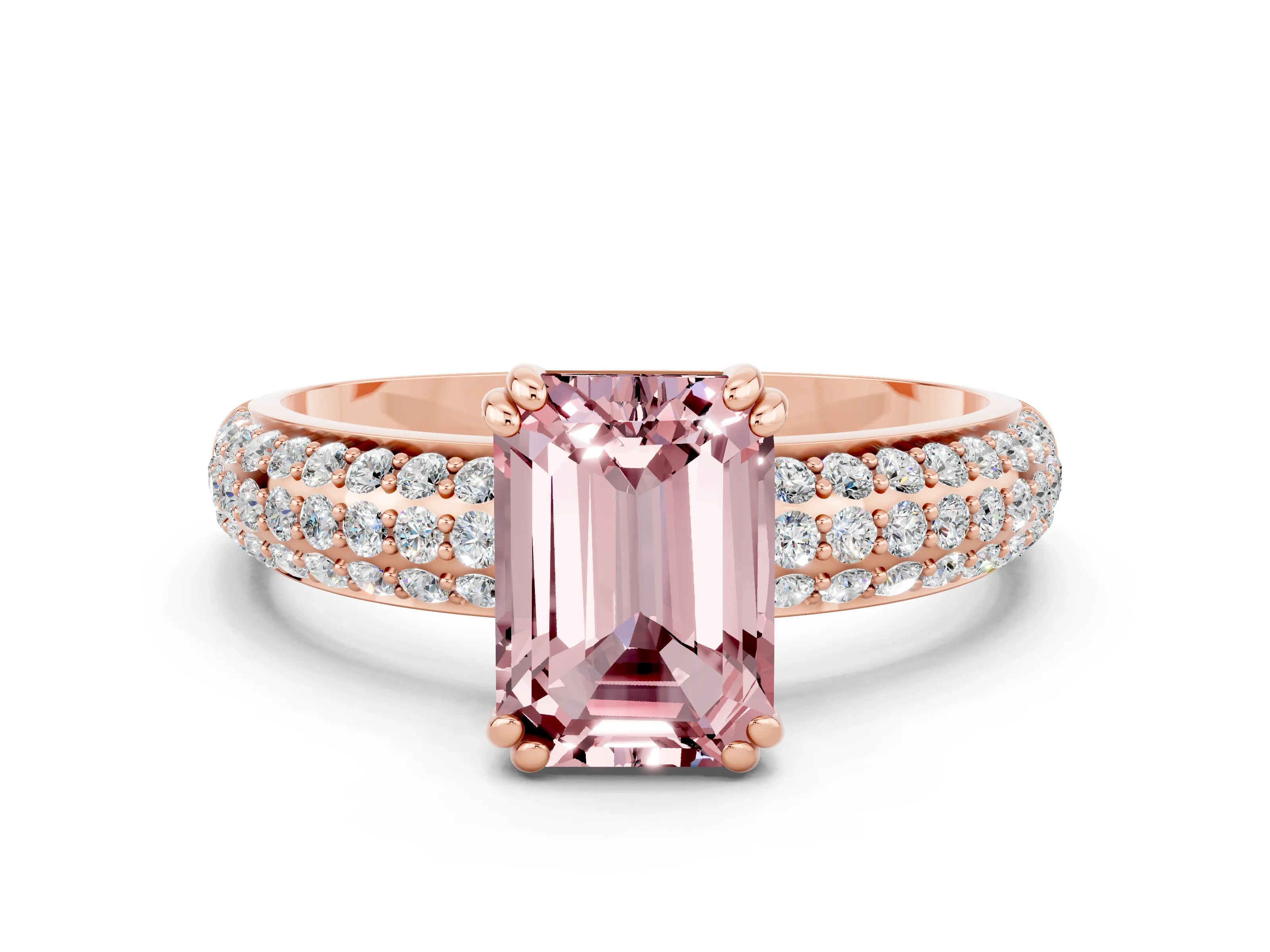 Rose gold Emerald Cut Cut Pave Diamond Engagement Ring with Channel Set Band and Four-Prong Setting