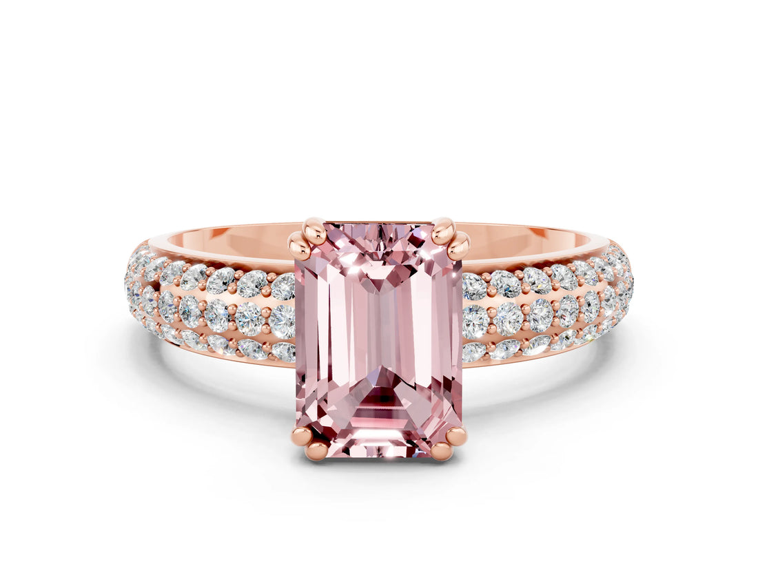 Rose gold Emerald Cut Cut Pave Diamond Engagement Ring with Channel Set Band and Four-Prong Setting
