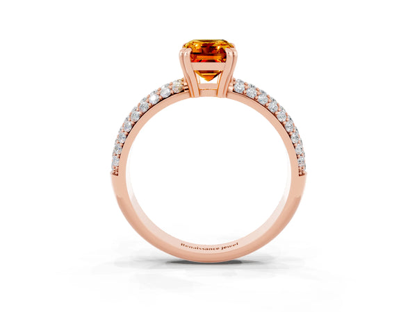 Rose gold Emerald Cut Citrine Solitaire Ring with Multi-Row Round Pavé Band and Prong Setting