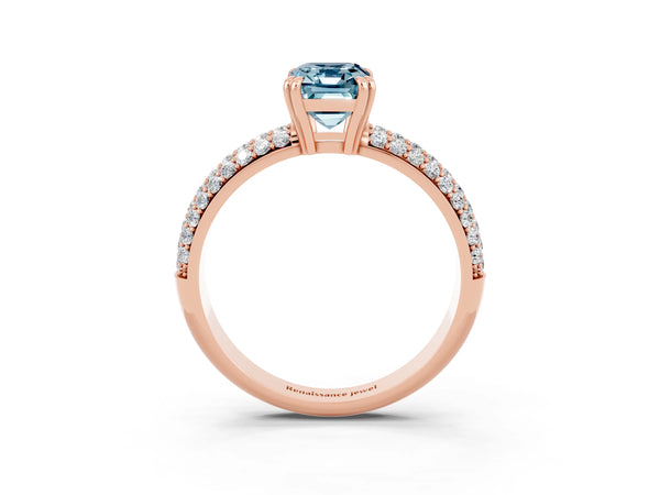 Rose gold Emerald Cut Aquamarine Solitaire Ring with Multi-Row Round Pavé Band and Prong Setting
