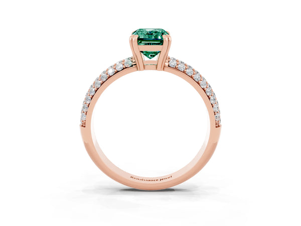 Rose gold Emerald Cut Green Sapphire Solitaire Ring with Multi-Row Round Pavé Band and Prong Setting