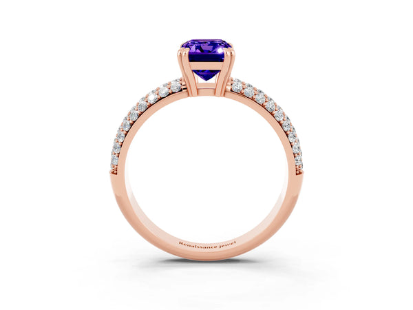 Rose gold Emerald Cut Tanzanite Solitaire Ring with Multi-Row Round Pavé Band and Prong Setting