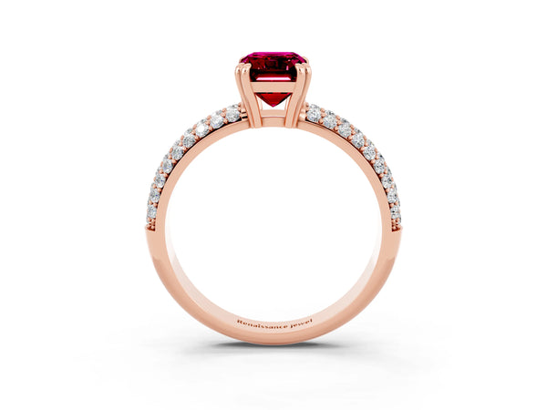 Rose gold Emerald Cut Garnet Solitaire Ring with Multi-Row Round Pavé Band and Prong Setting