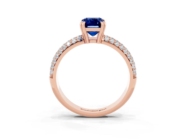 Rose gold Emerald Cut Blue Sapphire Solitaire Ring with Multi-Row Round Pavé Band and Prong Setting