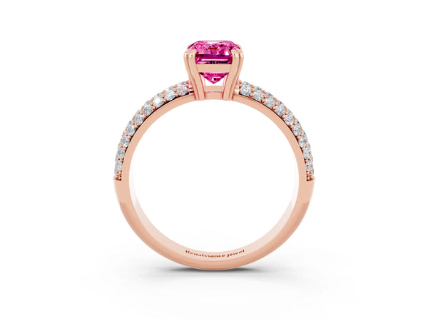 Rose gold Emerald Cut Pink Sapphire Solitaire Ring with Multi-Row Round Pavé Band and Prong Setting