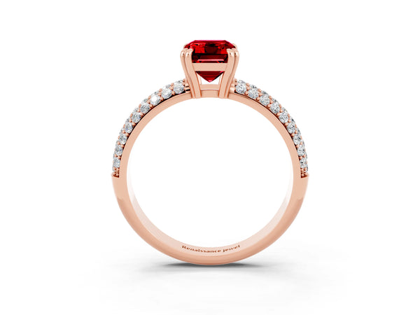 Rose gold Emerald Cut Cut Pave Diamond Engagement Ring with Channel Set Band and Four-Prong Setting