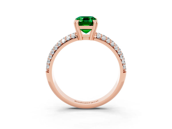 Rose gold Emerald Cut Emerald Solitaire Ring with Multi-Row Round Pavé Band and Prong Setting