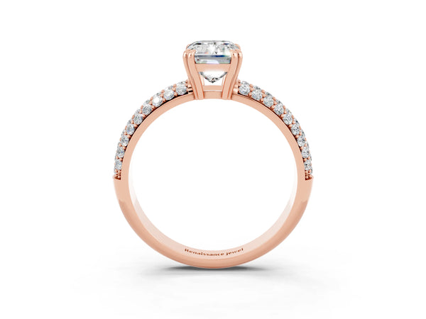 Rose gold Emerald Cut Moissanite Solitaire Ring with Multi-Row Round Pavé Band and Prong Setting