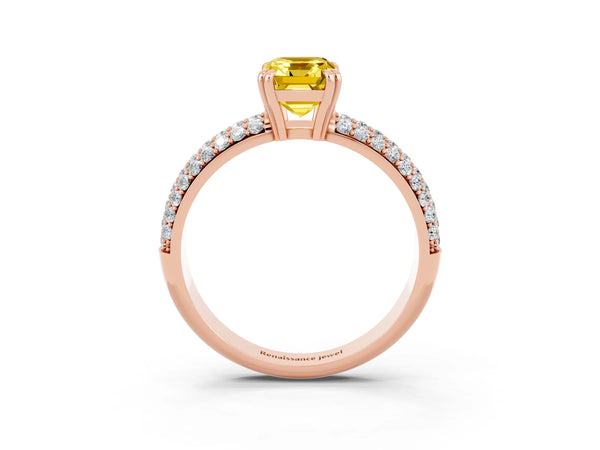 Rose gold Emerald Cut Yellow Sapphire Solitaire Ring with Multi-Row Round Pavé Band and Prong Setting