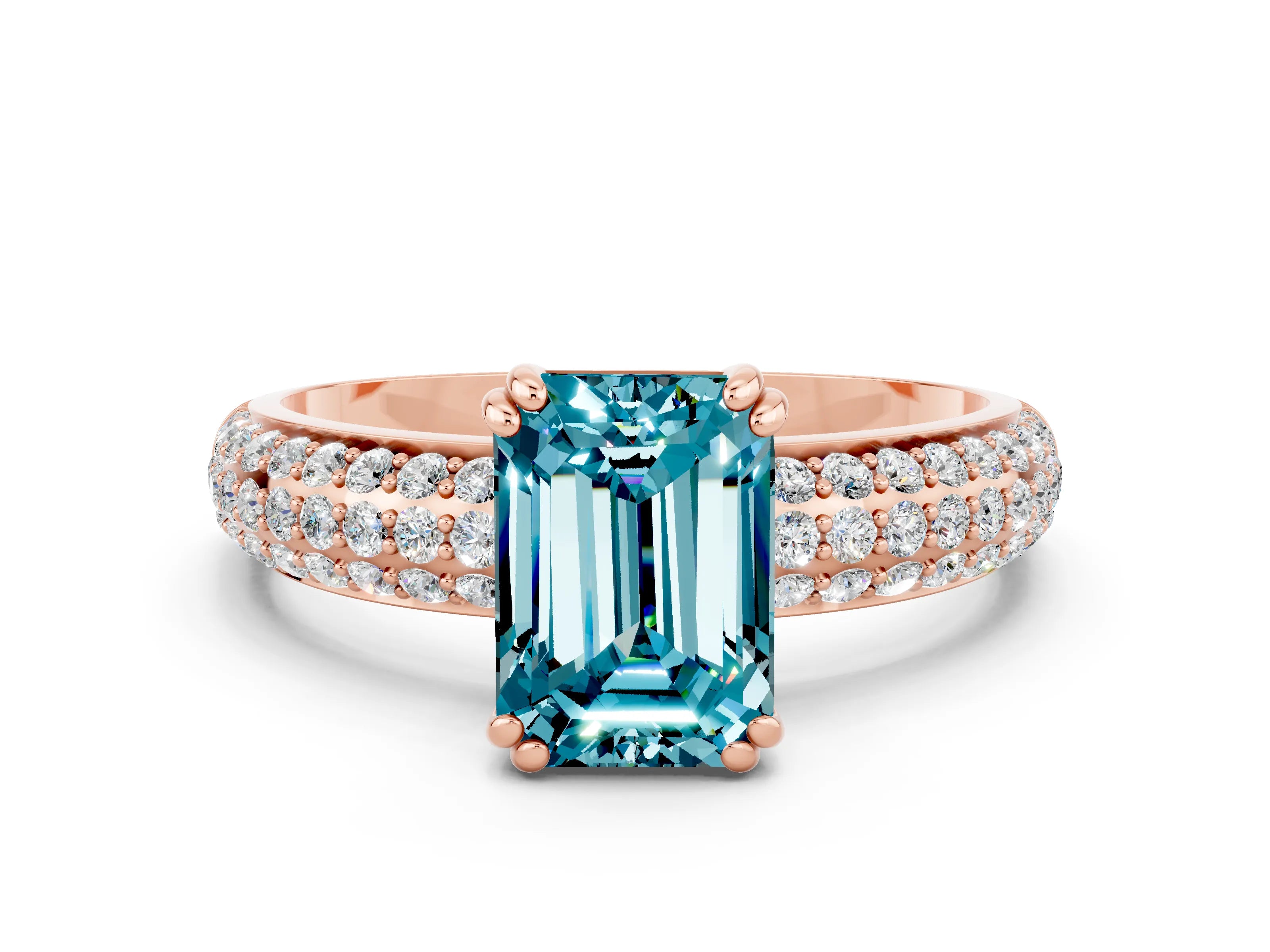 Rose gold Emerald Cut Cut Pave Diamond Engagement Ring with Channel Set Band and Four-Prong Setting
