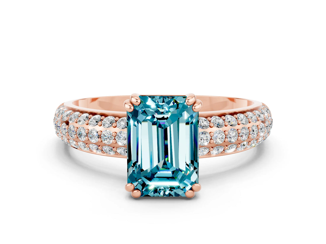 Rose gold Emerald Cut Cut Pave Diamond Engagement Ring with Channel Set Band and Four-Prong Setting