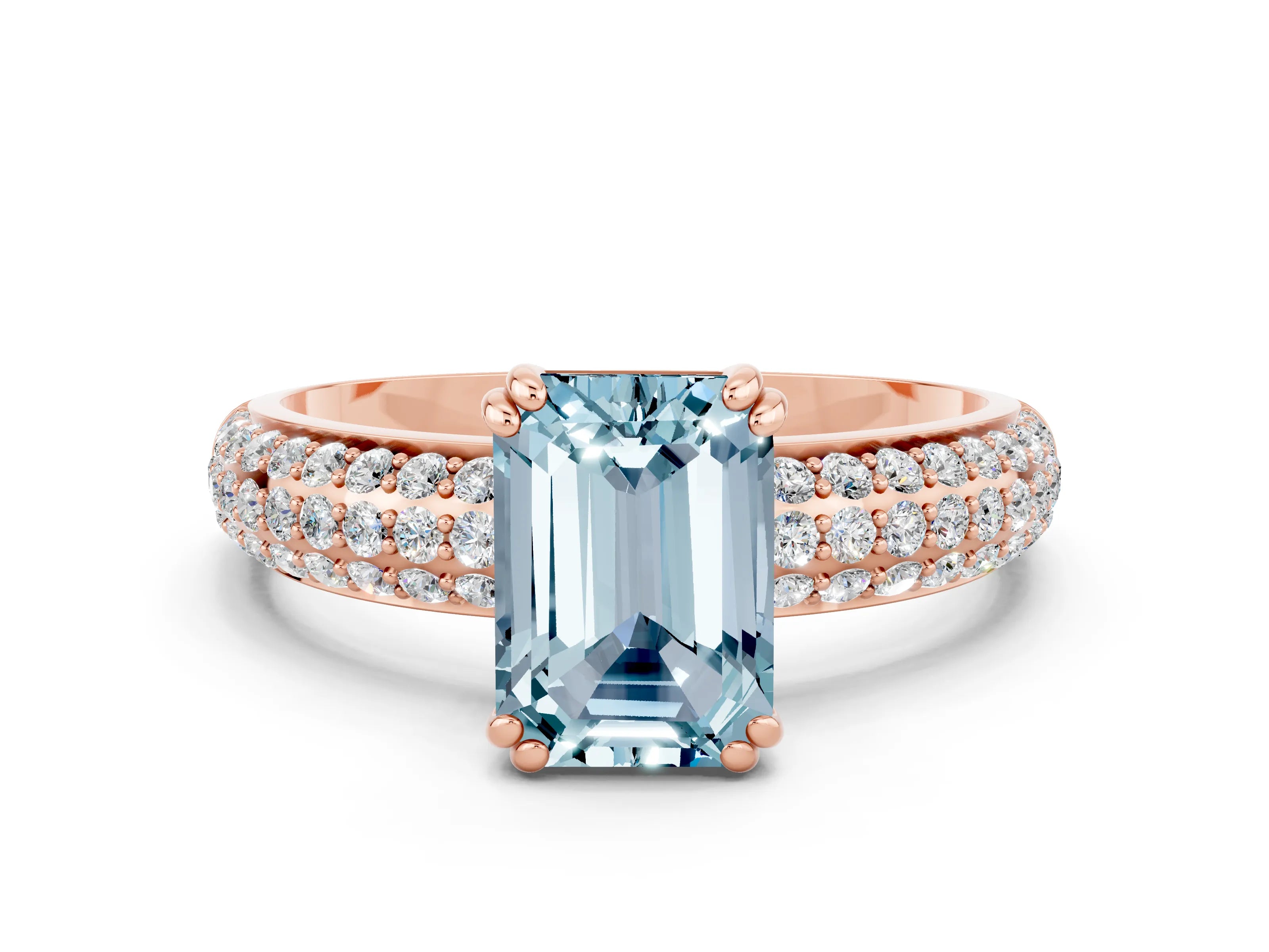 Rose gold Emerald Cut Cut Pave Diamond Engagement Ring with Channel Set Band and Four-Prong Setting