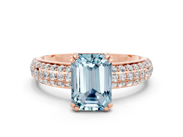 Rose gold Emerald Cut Aquamarine Solitaire Ring with Multi-Row Round Pavé Band and Prong Setting