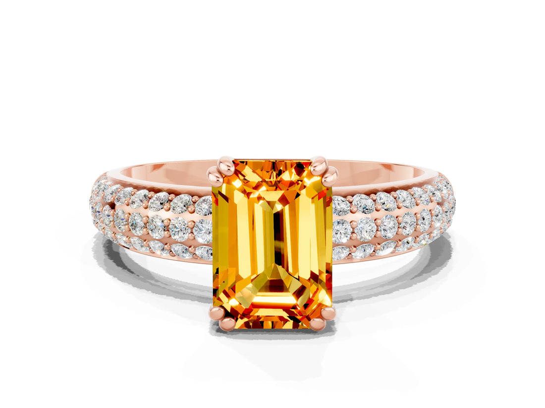 Rose gold Emerald Cut Cut Pave Diamond Engagement Ring with Channel Set Band and Four-Prong Setting