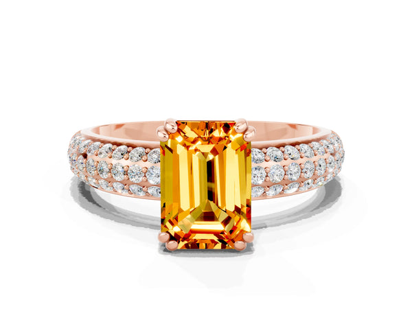 Rose gold Emerald Cut Citrine Solitaire Ring with Multi-Row Round Pavé Band and Prong Setting