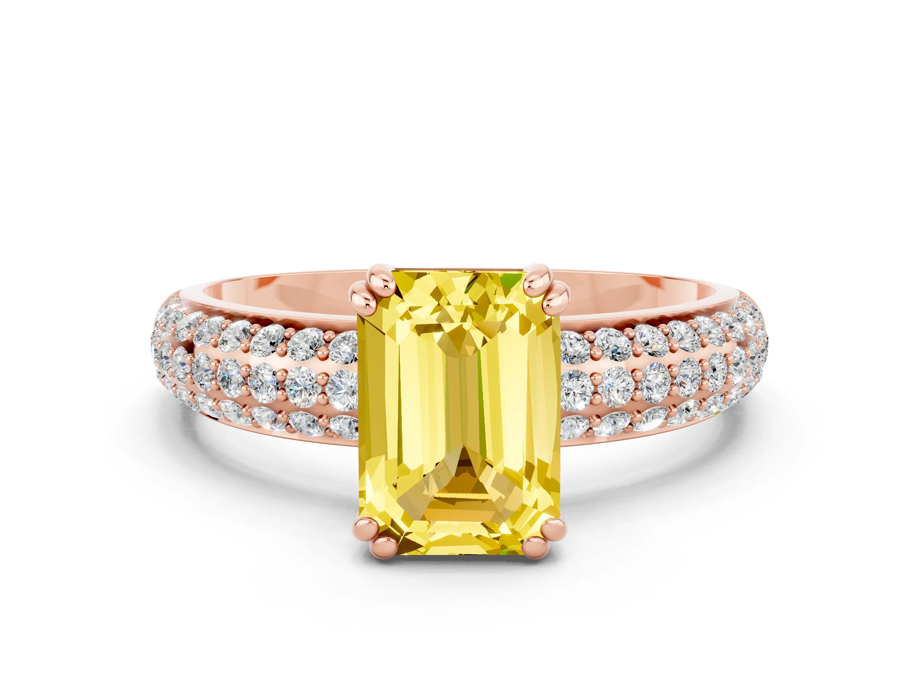 Rose gold Emerald Cut Cut Pave Diamond Engagement Ring with Channel Set Band and Four-Prong Setting