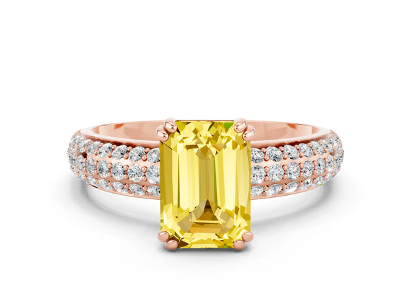 Rose gold Emerald Cut Yellow Sapphire Solitaire Ring with Multi-Row Round Pavé Band and Prong Setting