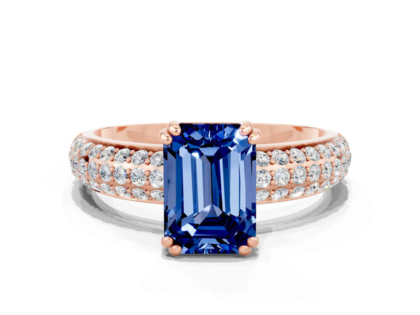 Rose gold Emerald Cut Blue Sapphire Solitaire Ring with Multi-Row Round Pavé Band and Prong Setting