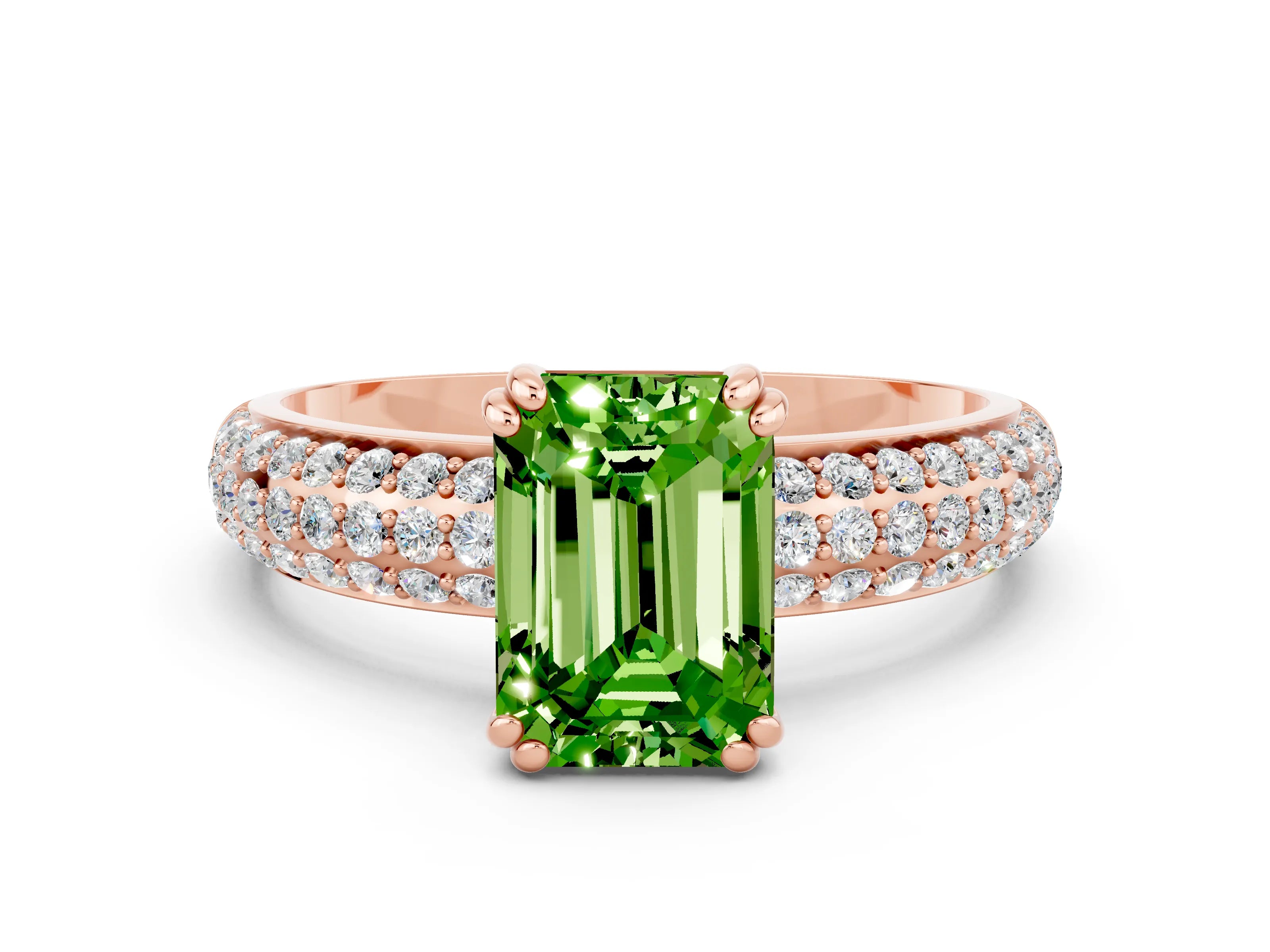 Rose gold Emerald Cut Cut Pave Diamond Engagement Ring with Channel Set Band and Four-Prong Setting