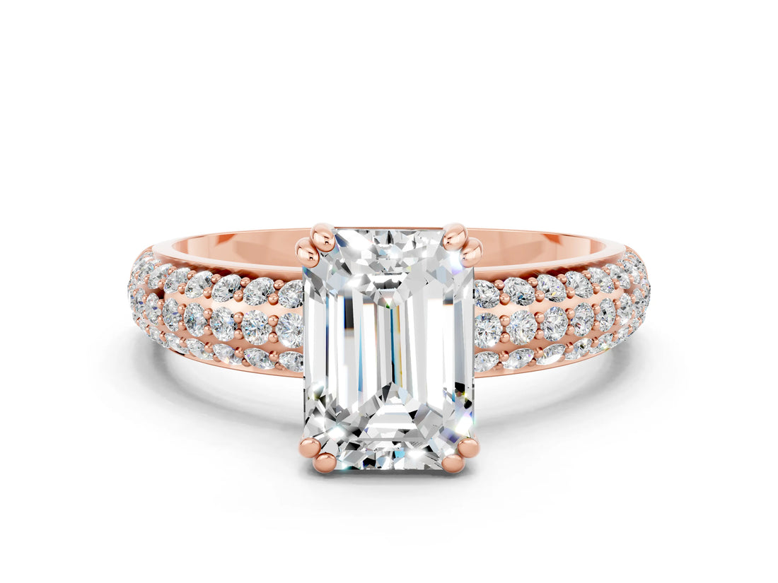 Rose gold Emerald Cut Cut Pave Diamond Engagement Ring with Channel Set Band and Four-Prong Setting