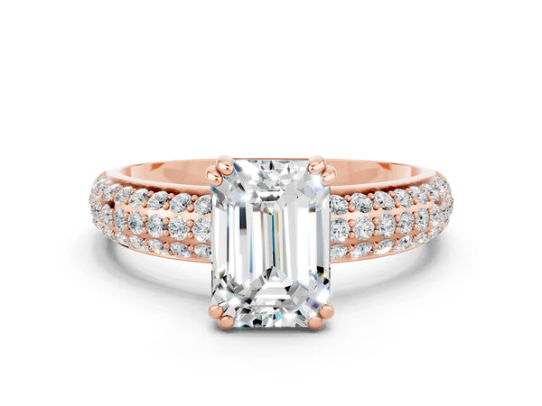Rose gold Emerald Cut Moissanite Solitaire Ring with Multi-Row Round Pavé Band and Prong Setting