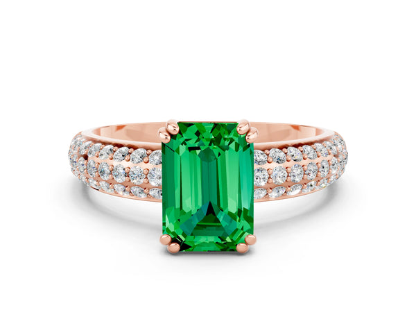 Rose gold Emerald Cut Emerald Solitaire Ring with Multi-Row Round Pavé Band and Prong Setting