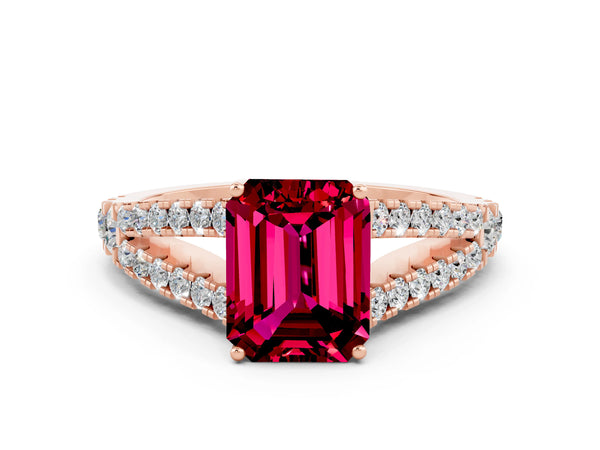 Rose gold Emerald Cut Garnet Split Shank Engagement Ring with Round Pavé and Prong Setting