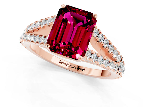 Rose gold Emerald Cut Garnet Split Shank Engagement Ring with Round Pavé and Prong Setting