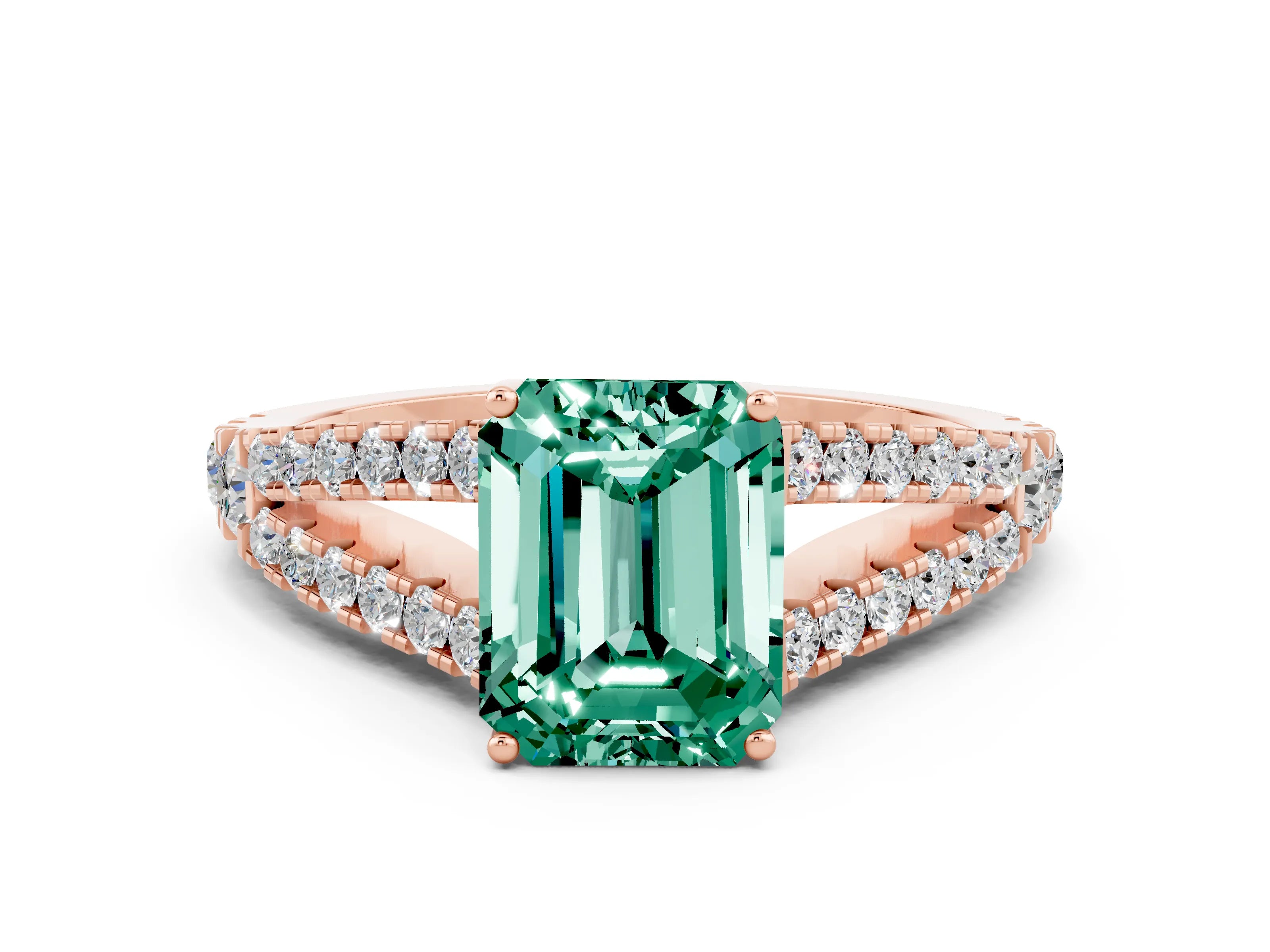 Rose gold Emerald Cut Cut Split Shank Pave Diamond Engagement Ring with Four-Prong Setting