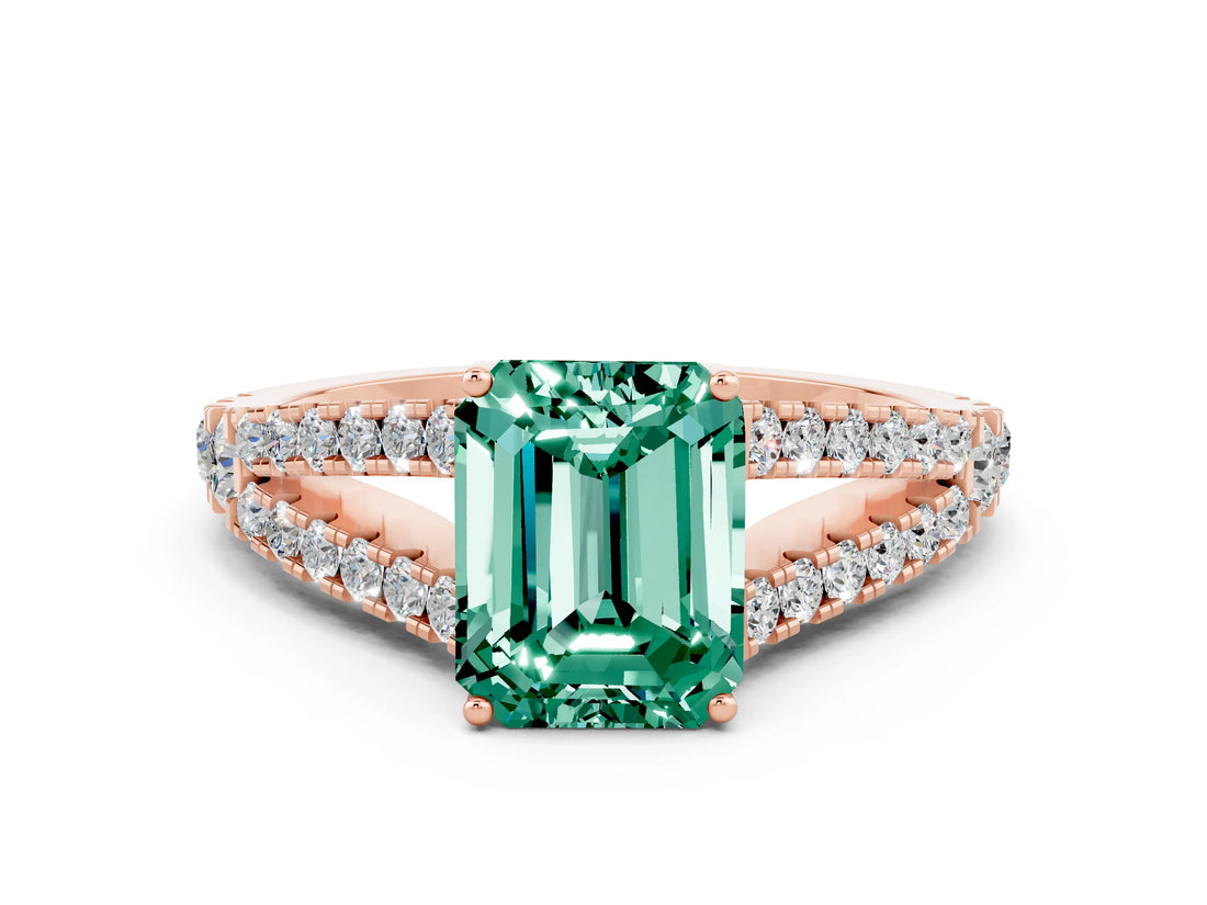 Rose gold Emerald Cut Cut Split Shank Pave Diamond Engagement Ring with Four-Prong Setting