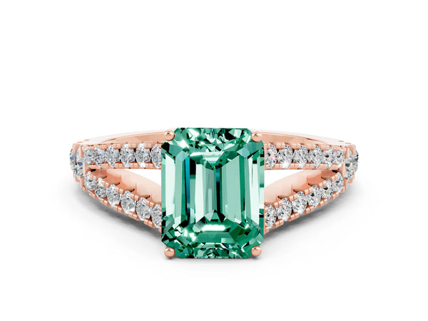 Rose gold Emerald Cut Green Sapphire Split Shank Engagement Ring with Round Pavé and Prong Setting