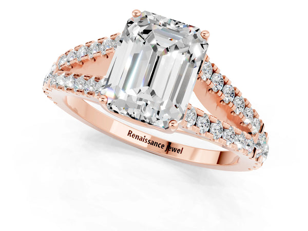 Rose gold Emerald Cut Moissanite Split Shank Engagement Ring with Round Pavé and Prong Setting