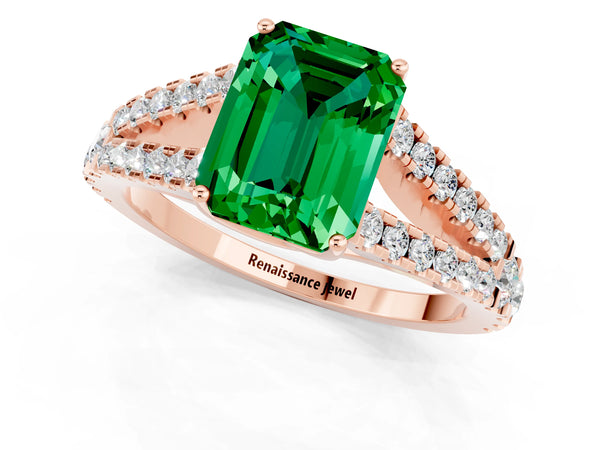 Rose gold Emerald Cut Emerald Split Shank Engagement Ring with Round Pavé and Prong Setting
