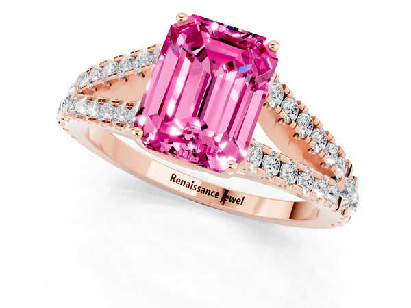Rose gold Emerald Cut Pink Sapphire Split Shank Engagement Ring with Round Pavé and Prong Setting