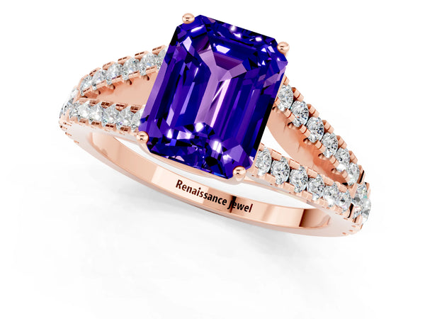 Rose gold Emerald Cut Tanzanite Split Shank Engagement Ring with Round Pavé and Prong Setting