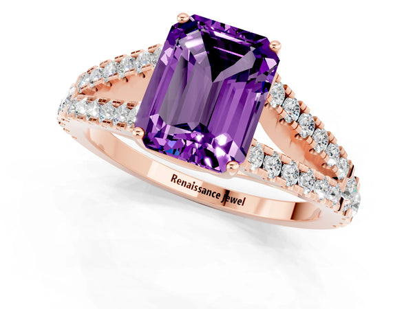 Rose gold Emerald Cut Amethyst Split Shank Engagement Ring with Round Pavé and Prong Setting