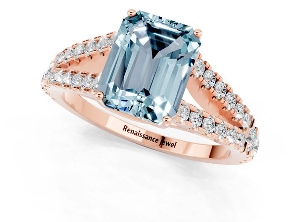 Rose gold Emerald Cut Aquamarine Split Shank Engagement Ring with Round Pavé and Prong Setting