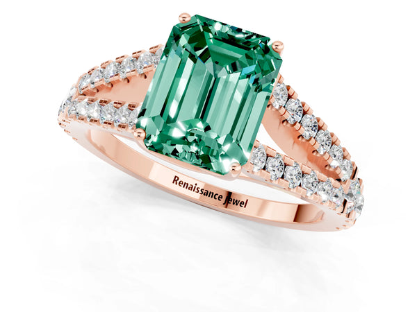 Rose gold Emerald Cut Green Sapphire Split Shank Engagement Ring with Round Pavé and Prong Setting