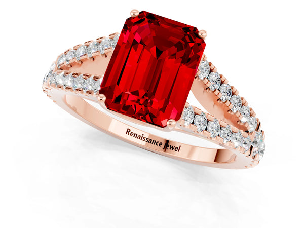 Rose gold Emerald Cut Ruby Split Shank Engagement Ring with Round Pavé and Prong Setting