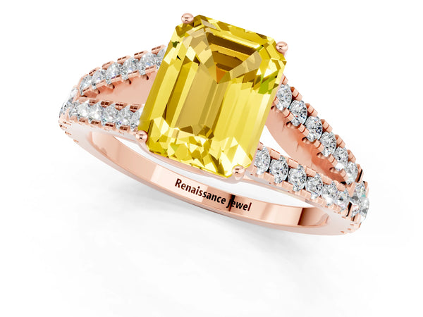 Rose gold Emerald Cut Yellow Sapphire Split Shank Engagement Ring with Round Pavé and Prong Setting