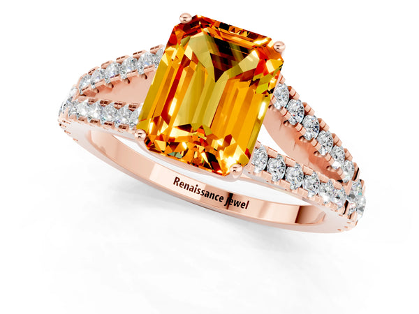 Rose gold Emerald Cut Citrine Split Shank Engagement Ring with Round Pavé and Prong Setting
