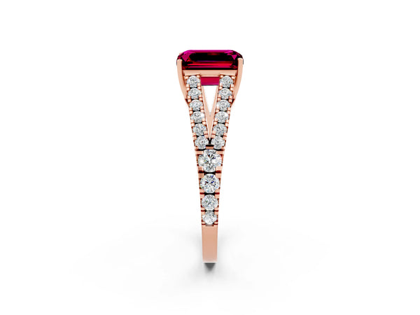 Rose gold Emerald Cut Garnet Split Shank Engagement Ring with Round Pavé and Prong Setting