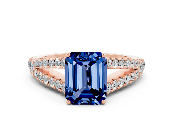 Rose gold Emerald Cut Blue Sapphire Split Shank Engagement Ring with Round Pavé and Prong Setting